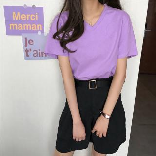 SUXI Summer New Solid V-Neck Multi Color Short Sleeve Women's T-Shirt