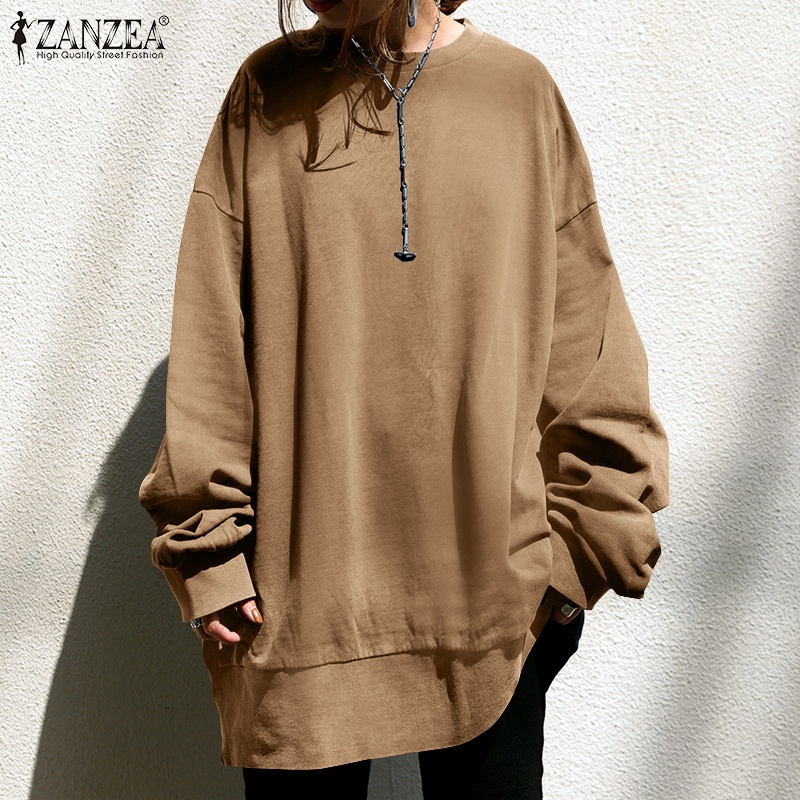 Áo sweatshirt ZANZEA tay dài màu trơn cổ tròn dáng rộng thoải mái dành cho nữ