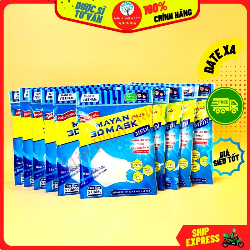 COMBO 10 TÚI Khẩu Trang MAYAN 3D Mask PM 2.5 MEDI màu trắng (túi 5 cái) - Minpharmacy