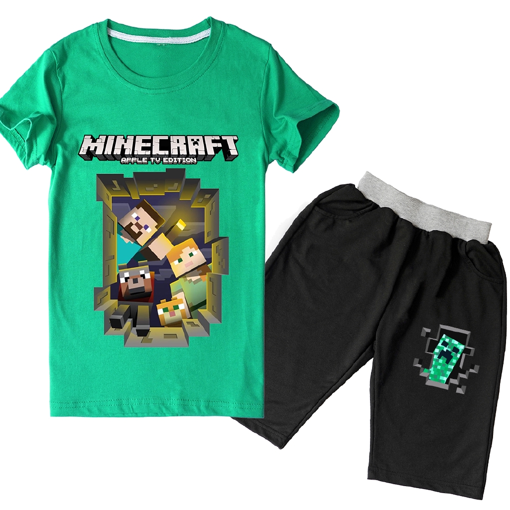 Set Đồ Mùa Hè 2 Món Gồm Áo Thun Cotton Tay Cộc + Quần Short In Họa Tiết Hoạt Hình Minecraft Cho Bé Trai / Gái