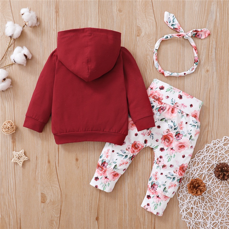 Set đồ 3 món Mikrdoo gồm áo hoodie vải cotton tay dài màu đỏ quần dài và băng đô nơ hoa xinh mùa thu dành cho bé