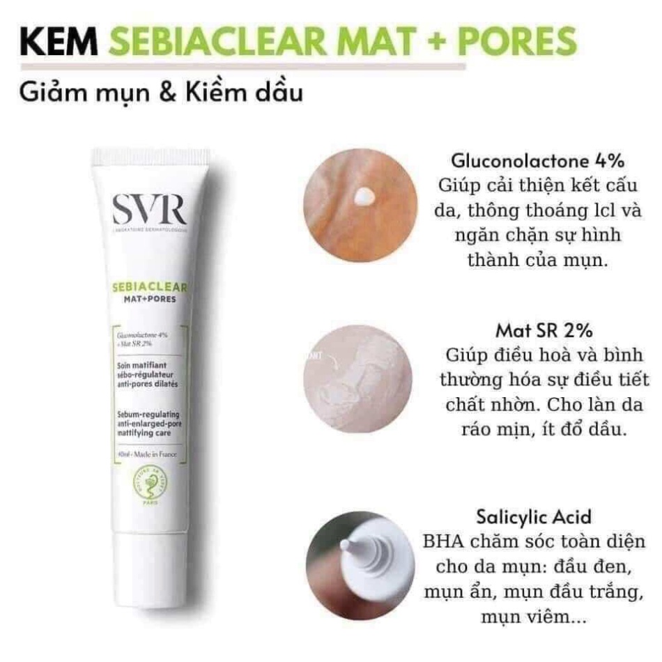 Kem Dưỡng Kiềm Dầu, Ngừa Thâm, Giảm Mụn và Thu Nhỏ Lỗ Chân Lông SVR Sebiaclear Mat + Pores Và SEBIACLEAR Active 40ml