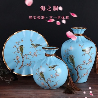 Set 3 bộ lọ và đĩa decor trang trí bằng gốm sứ kèm kệ kê đĩa