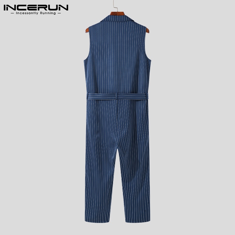 Áo liền quần Incerun không tay in kẻ sọc có thắt lưng kiểu mùa hè cho nam