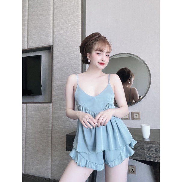 Đồ Ngủ Sexy Nữ, Bộ Ngủ Nữ Chất Satin Màu Trơn 2 Dây Freesize 40-68Kg