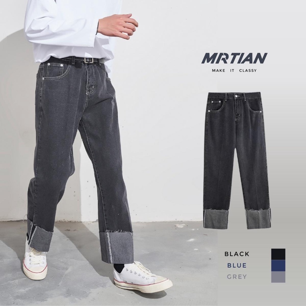 Quần jeans ống rộng sắn gấu Thomas MARTIAN cạp cao có cúc ống suông unisex cá tính quần bò denim Hàn Quốc QJXG01