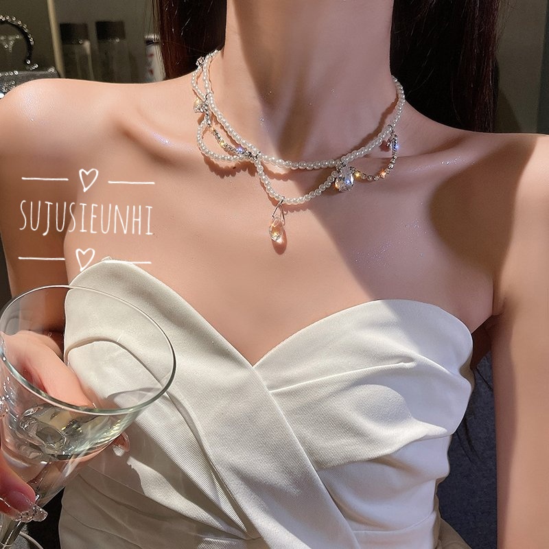 vòng cổ ngọc nhỏ phối đá tua rua nhân tạo đính giọt nước