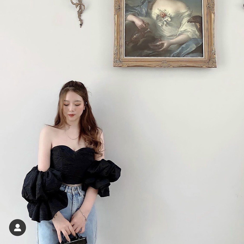 Áo croptop trễ vai tay bồng MIDI dáng ôm cúp ngực tiểu thư