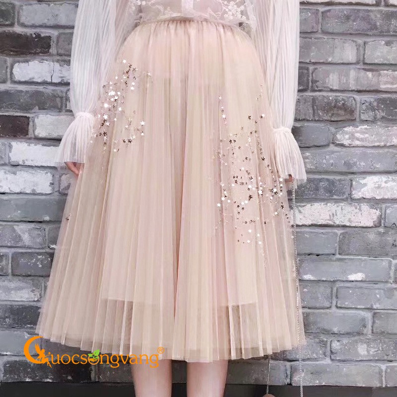 Chân váy xếp ly ánh sao chân váy midi hai lớp màu kem GLV087 Cuocsongvang