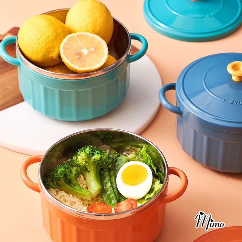 KÍCH THƯỚC LỚN-Bát úp mì/ Bát ăn mì tôm inox 2 lớp cách nhiệt hình chiếc nồi có nắp đậy