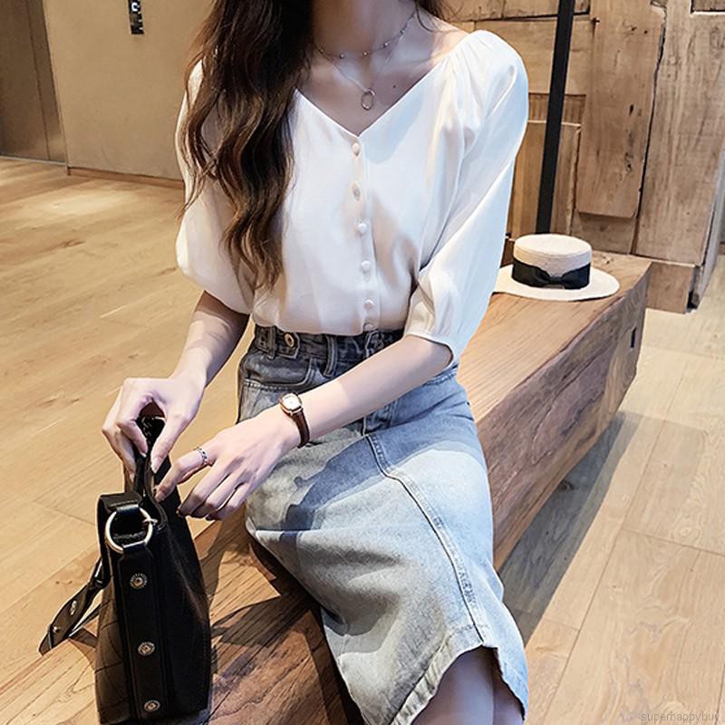 Áo kiểu tay ngắn cổ chữ V phối nút thời trang công sở thanh lịch