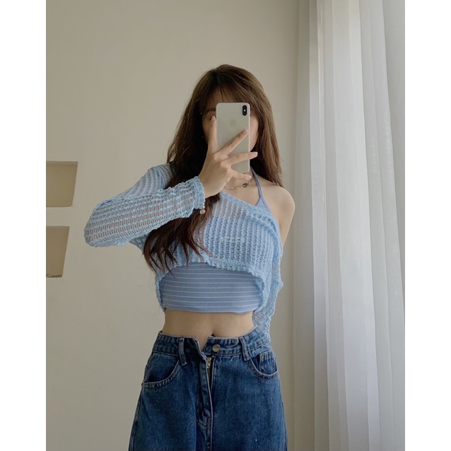 Set áo trễ vai len lướt kèm yếm dây kẻ sọc 743