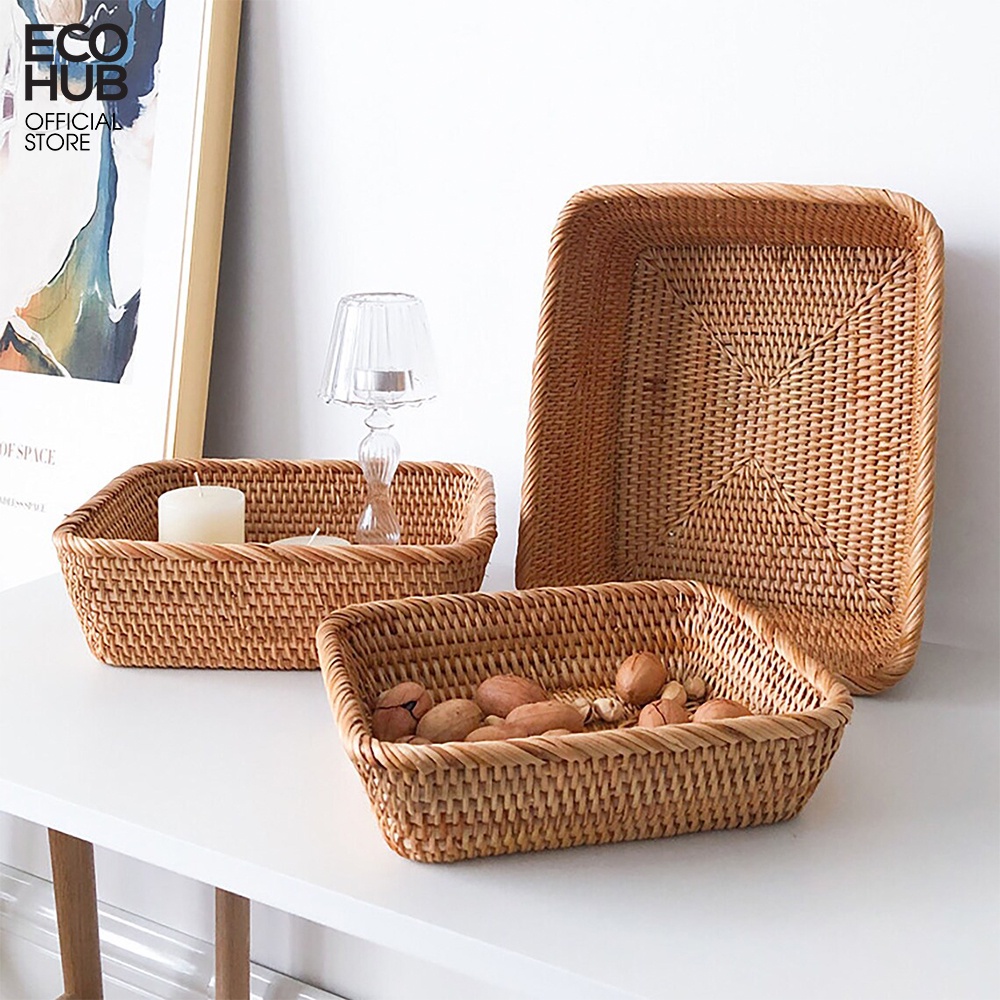 Giỏ mây ECOHUB hình chữ nhật đáy vát đựng hoa quả, bánh kẹo (Rectangular Rattan Basket With Beveled Bottom)