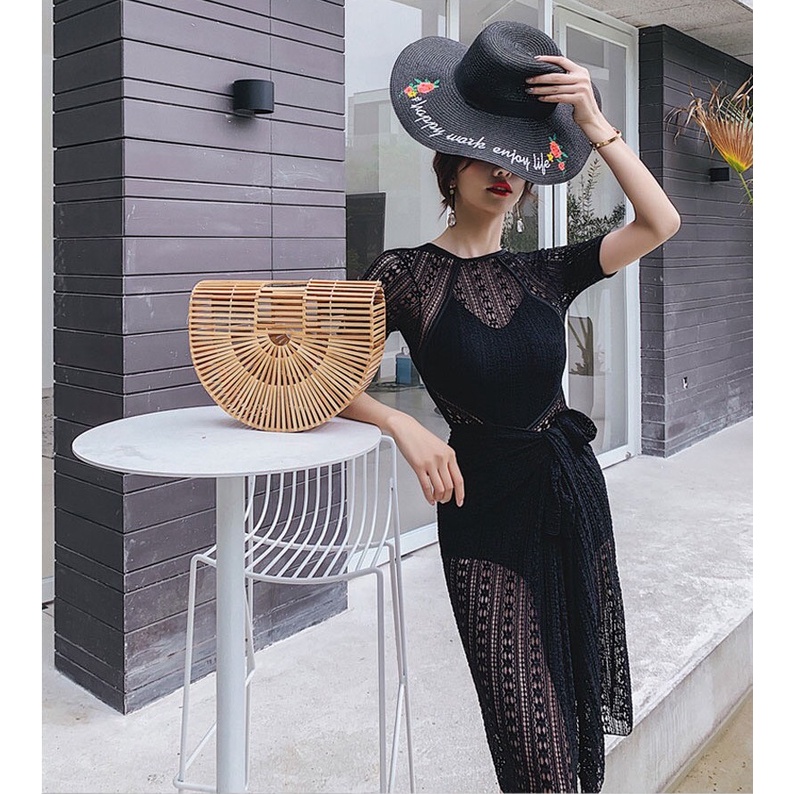 Bikini, Đồ bơi nữ set bơi liền kèm khăn choàng ren che bụng kín đáo quảng châu cao cấp sang trọng phong cách hàn quốc