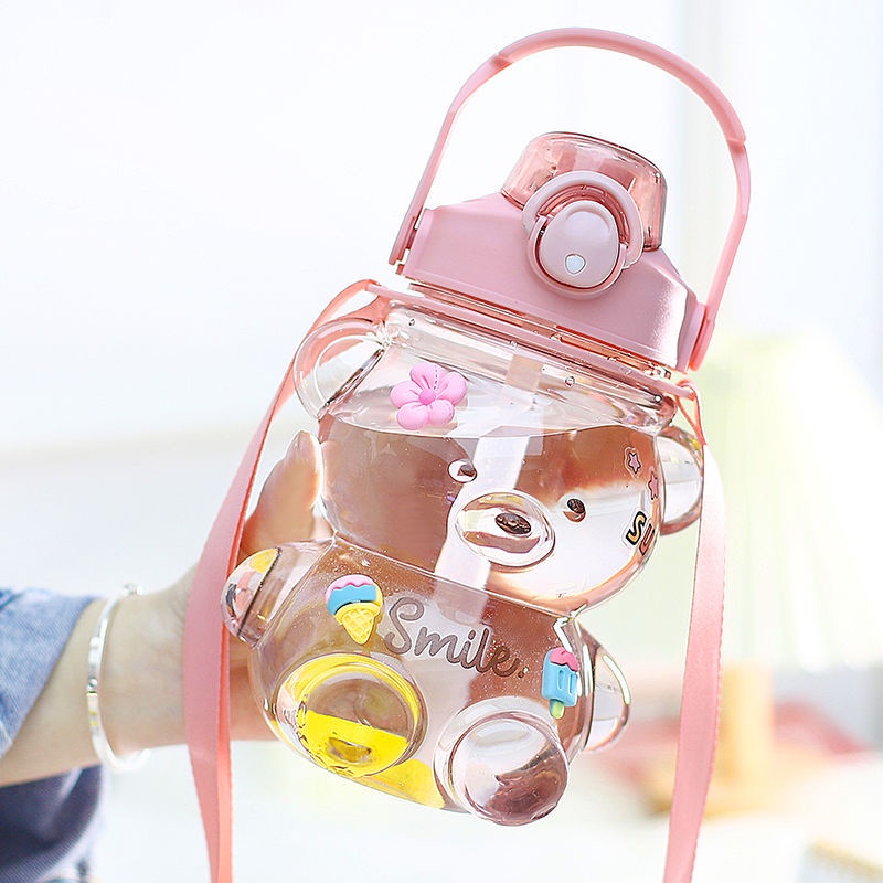 Bình Đựng Nước Hình Gấu Cute Dễ Thương Dung Tích 1 Lít Có Kèm Dây Đeo