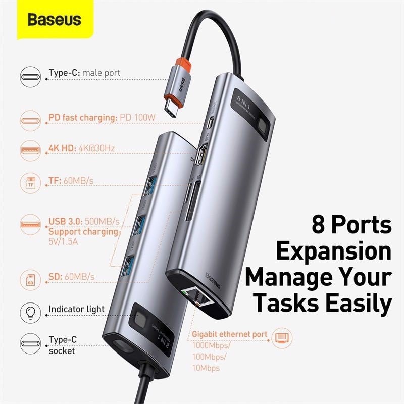 Bộ chuyển Baseus 8in1, Hub Baseus Metal Gleam Series Multi Docking Station (Type C to HDMI/3*USB 3.0/LAN/PD 100W/TF/SD)