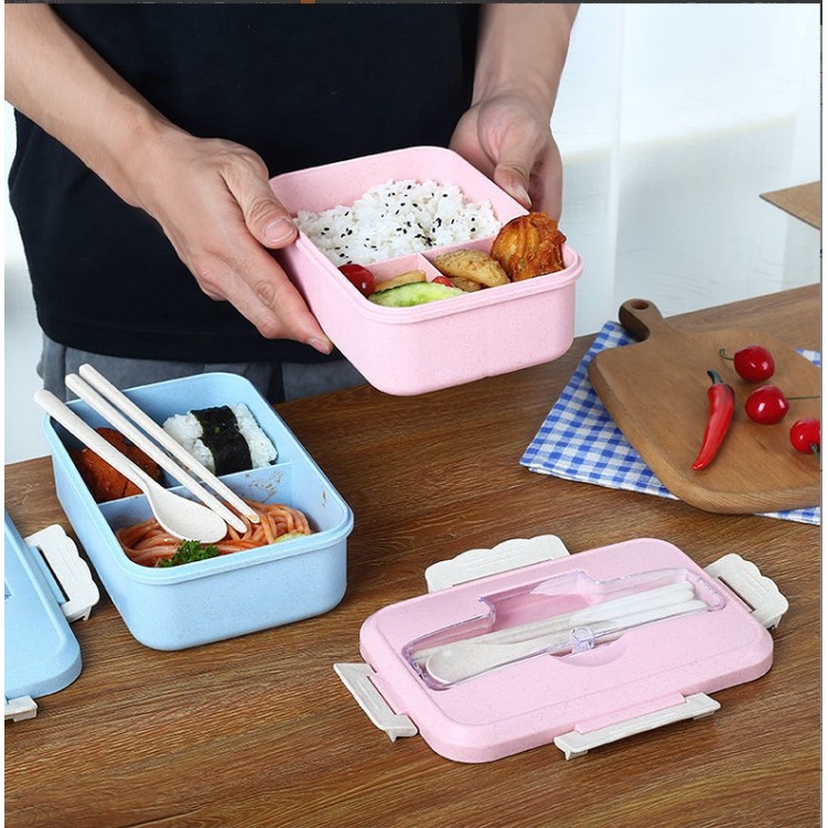 Hộp cơm văn phòng 3 ngăn kèm đũa thìa lúa mạch an toàn tiện lợi (có thể sử dụng với lò vi sóng)