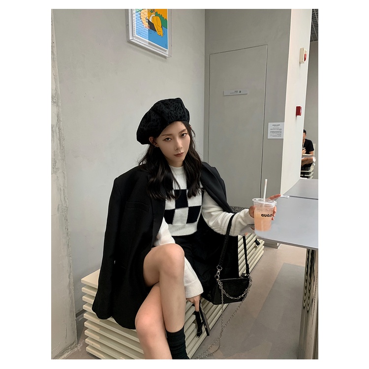 SUXI Áo sweater dệt kim tay dài lưng cao kẻ caro phong cách Hàn Quốc cá tính cho nữ