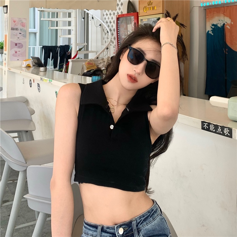 NUZIRO Áo lửng  cổ polo không tay thời trang mùa hè dành cho nữ