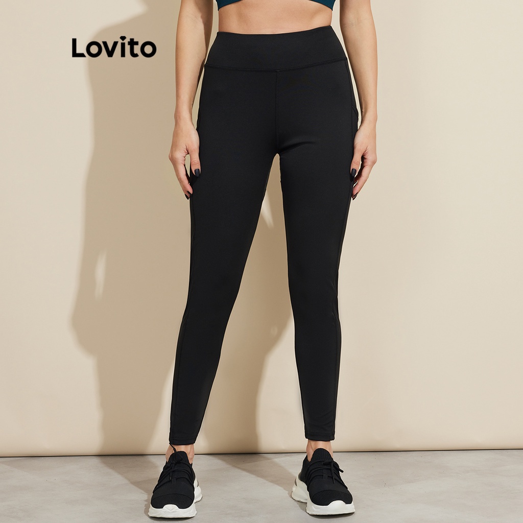 Quần legging Lovito màu trơn có túi lộ mắt cá chân phong cách thể thao cơ bản phù hợp tập Yoga L18X700 (Màu đen)