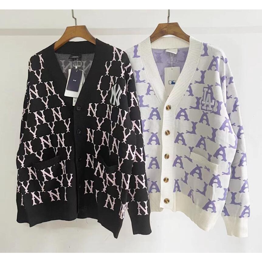Áo khoác cardigan dệt kim tay dài cổ chữ V thêu chữ MLB NY “NY”