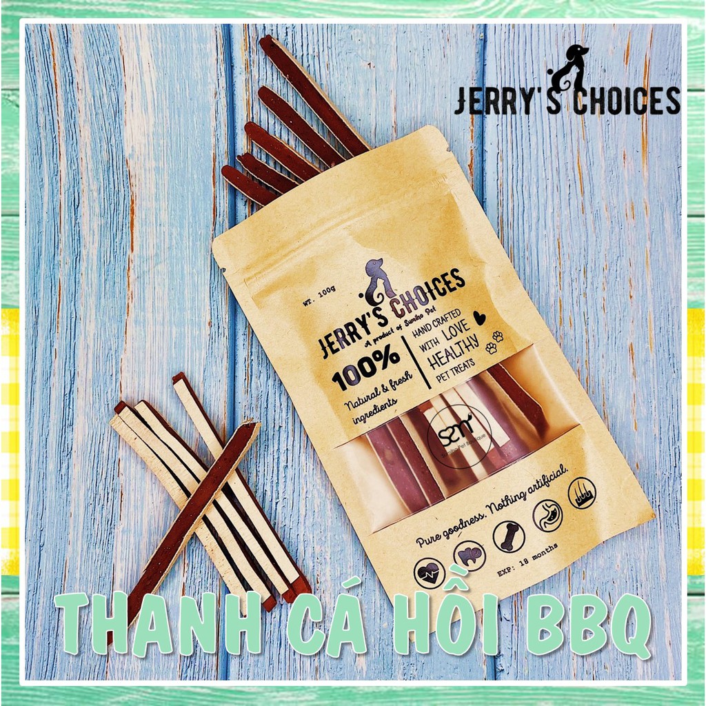Bánh thưởng cho chó Jerry's Choices (Dải cá hồi BBQ) 100gr/túi