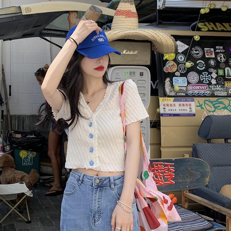 Áo Croptop Tay Ngắn Cổ Chữ V Màu Trơn Thời Trang Đáng Yêu Cho Nữ