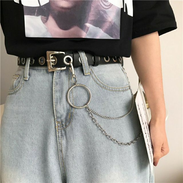 Belt chain thắt lưng da đục lỗ khoen 2 xích unisex