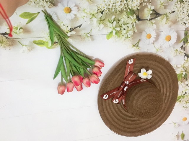 Mũ cói gấp gọn vành rộng , đai nơ cúc hoạ mi