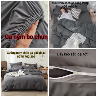 Bộ chăn ga gối nệm cao cấp, drap giường thun lạnh Hàn Quốc màu xám cute nằm mát