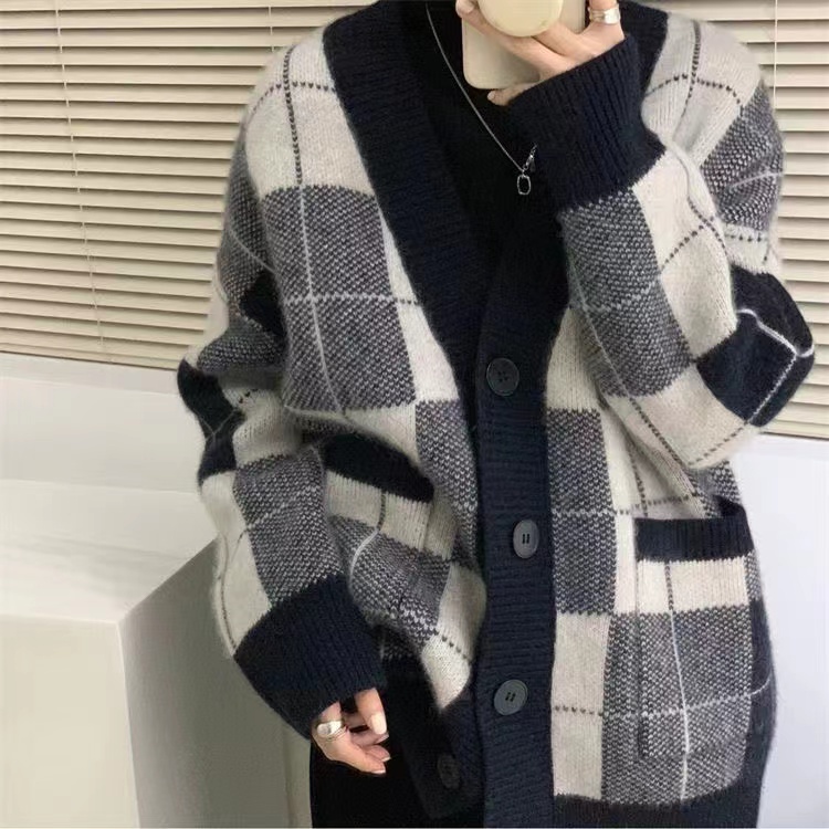 Áo khoác cardigan SUXI dệt kim dáng rộng họa tiết caro thời trang mùa thu cho nữ