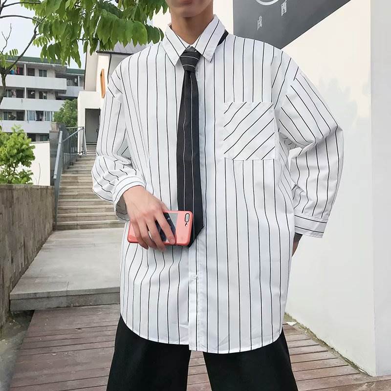 Áo Sơ Mi Tay Dài Kẻ Sọc Phối Cà Vạt Kiểu Harajuku Cá Tính Cho Nam | BigBuy360 - bigbuy360.vn