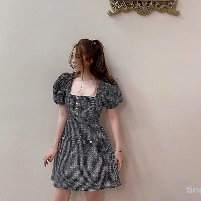 Váy tweed ngắn tay vai bồng tingoan JULIA DRESS/BL