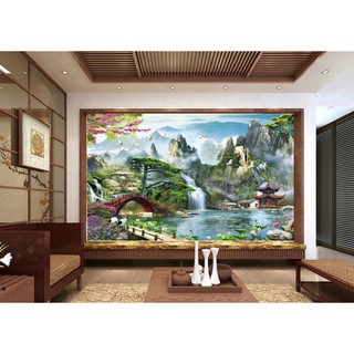 Tranh dán tường 3D thác nước - vải lụa - kích thước theo yêu cầu