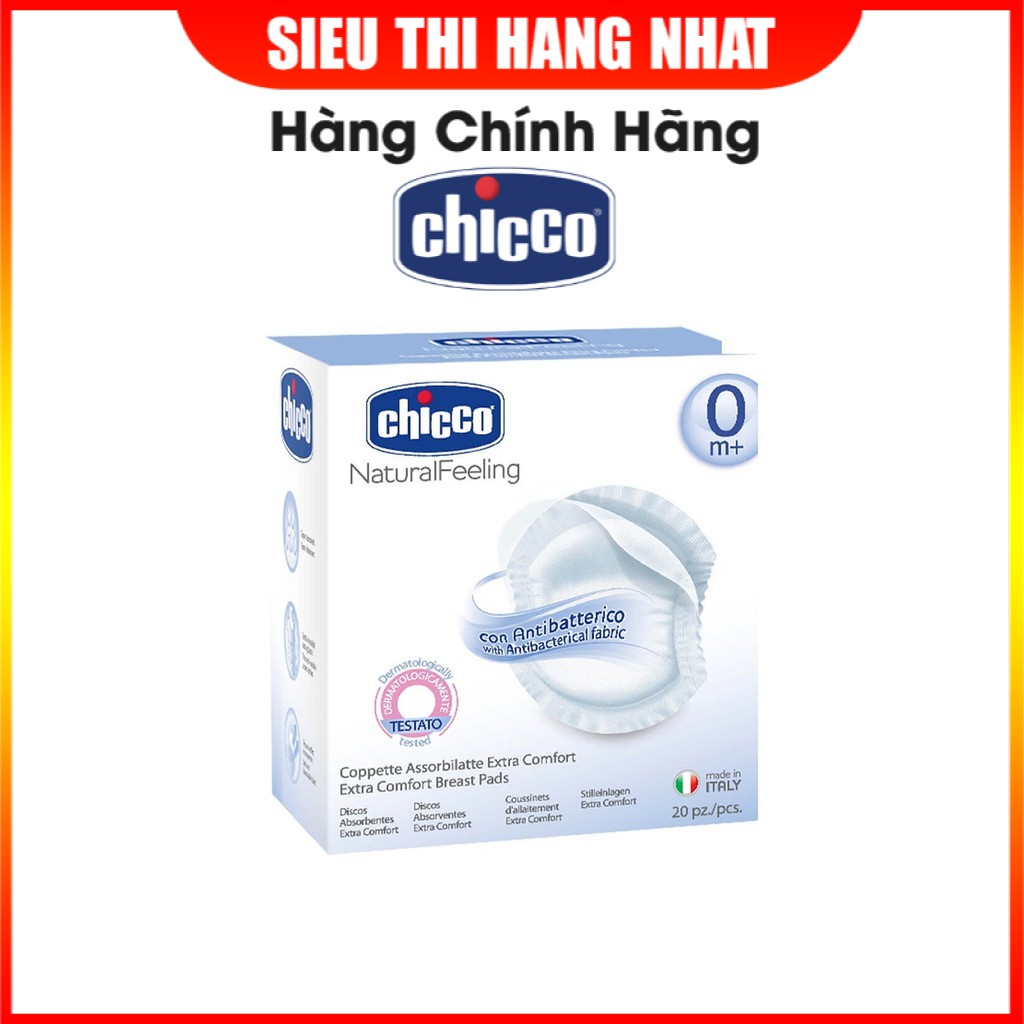 Miếng lót thấm sữa chống khuẩn 20 PCS Chicco chất liệu vải đặc biệt, siêu thấm hút, thoáng khí, thiết kế dán chống trượt