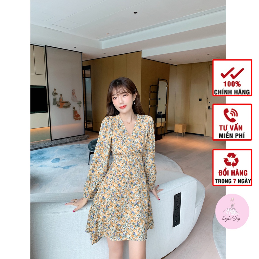 Váy hoa nhí cổ chữ V, nhún eo, dài tay vải voan thoáng mát full size - Thời trang KAYLIN (V47)