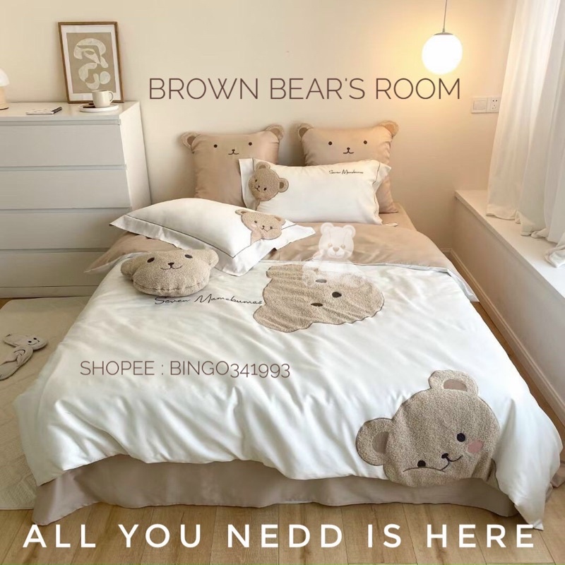 Chăn ga gấu BigBear 7 món chất liệu 100s cao cấp siêu mềm mại đáng yêu tặng gối gấu trang trí