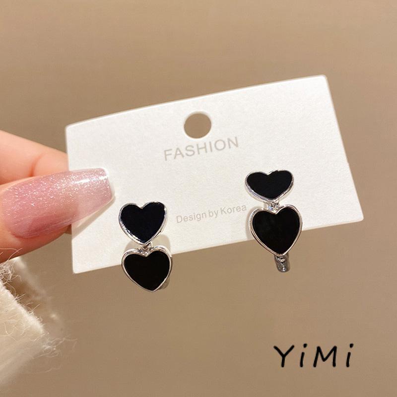 Khuyên Tai Hình Trái Tim Màu Tối Phong Cách Hàn Quốc Cổ Điển