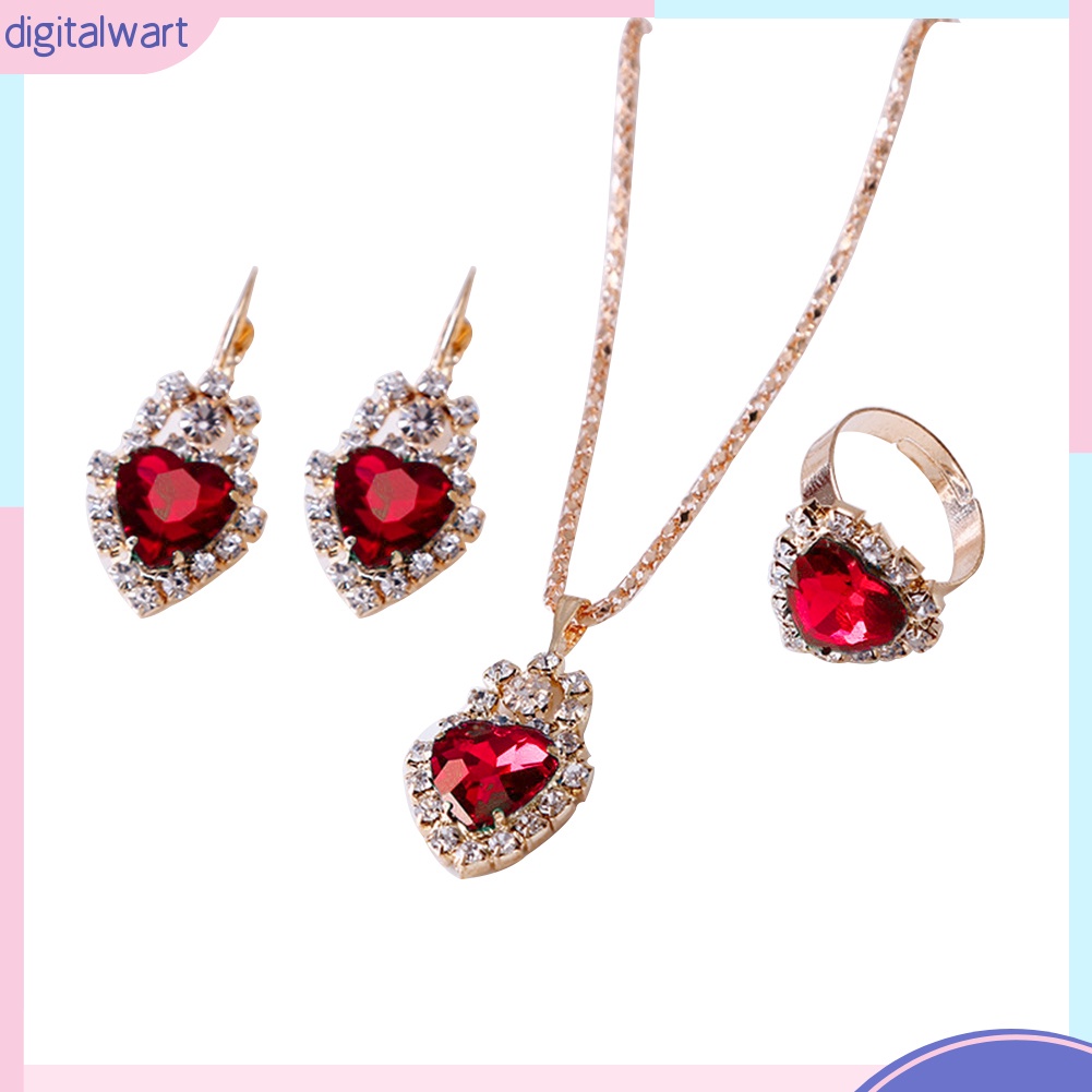 Bộ Vòng cổ + Bông Tai + Nhẫn Hình Trái Tim Đính Đá Lấp Lánh