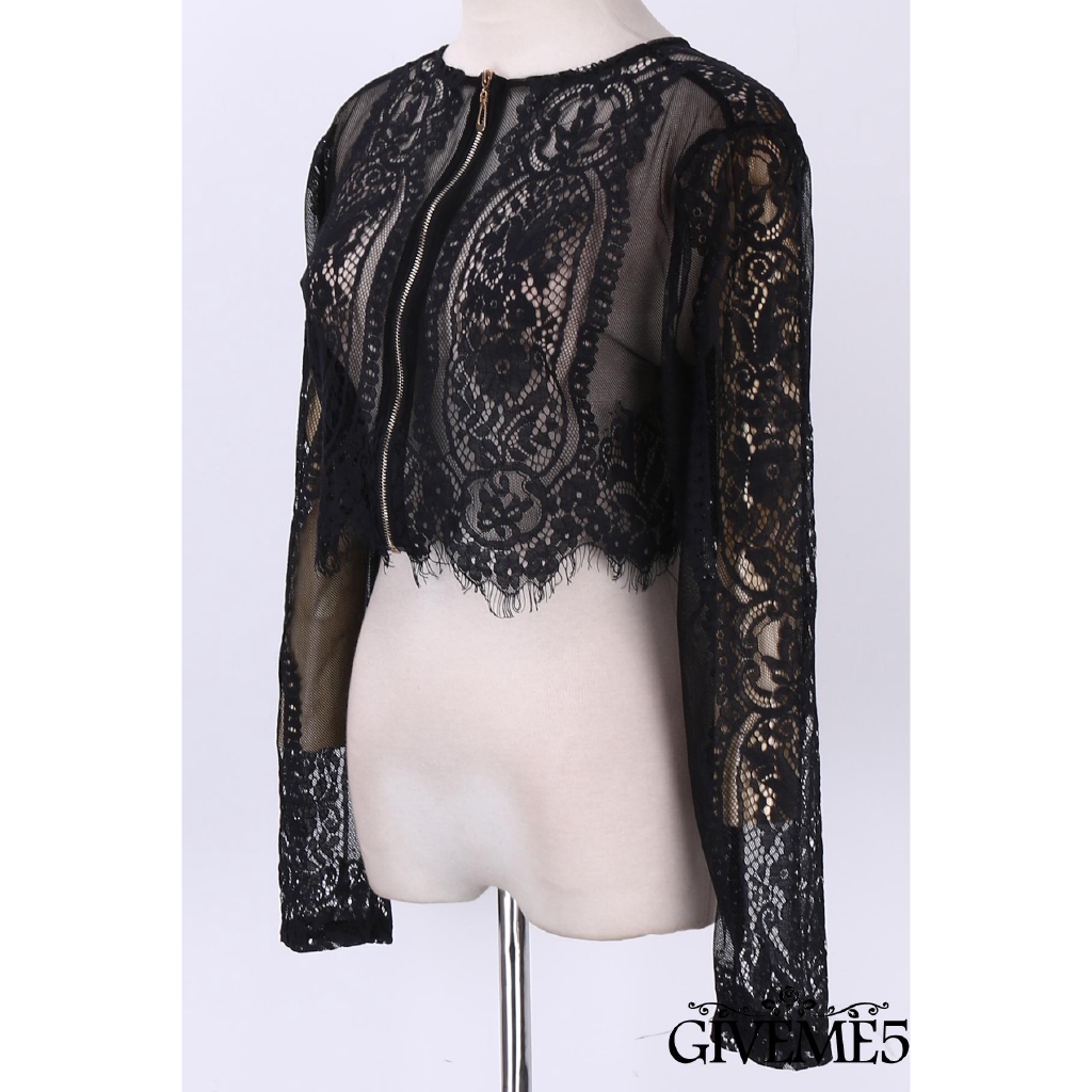 Áo Croptop Tay Dài Phối Ren Hoa Thiết Kế Tôn Dáng Cho Nữ