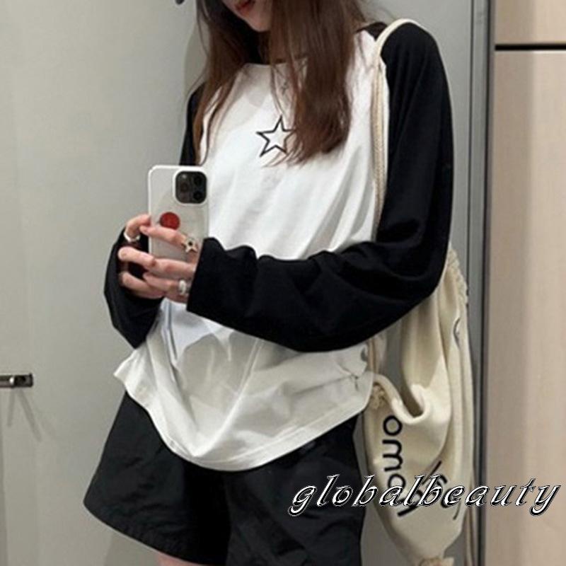Áo Thun Tay Dài Cổ Tròn In Hình Ngôi Sao Màu Sắc Tương Phản Thời Trang Cho Nữ Size S / M / L