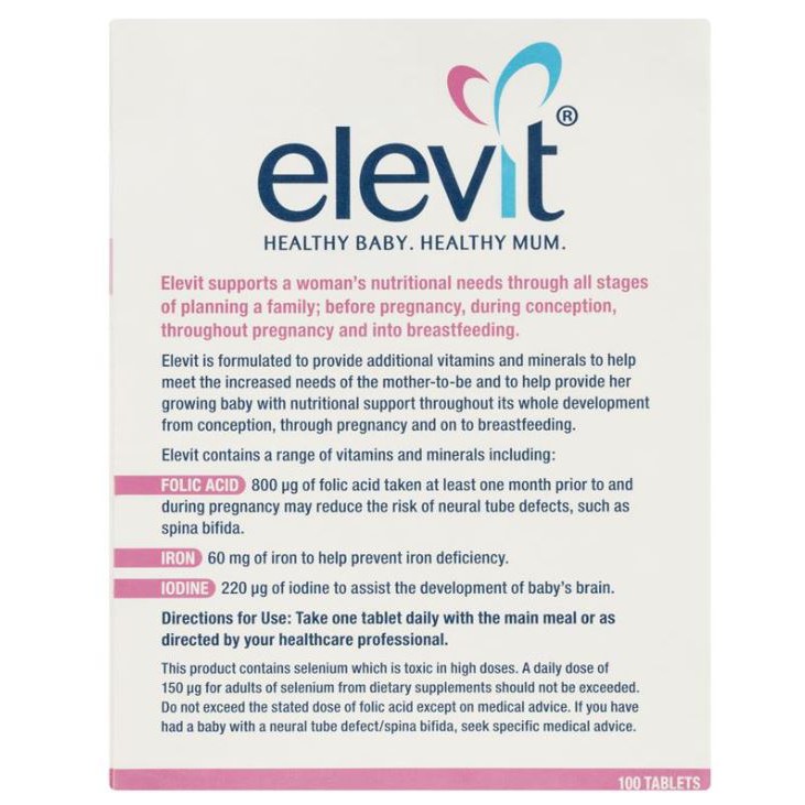 Viên uống vitamin tổng hợp Elevit nội địa Úc cho phụ nữ mang thai và sau sinh hộp 100 viên