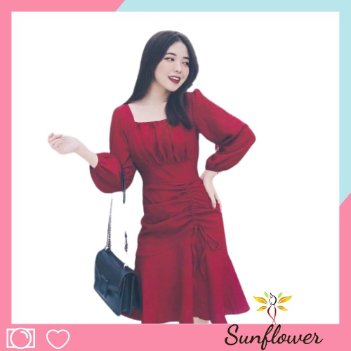 Đầm đỏ nhíu ngực rút dây eo Sunflower DN26.