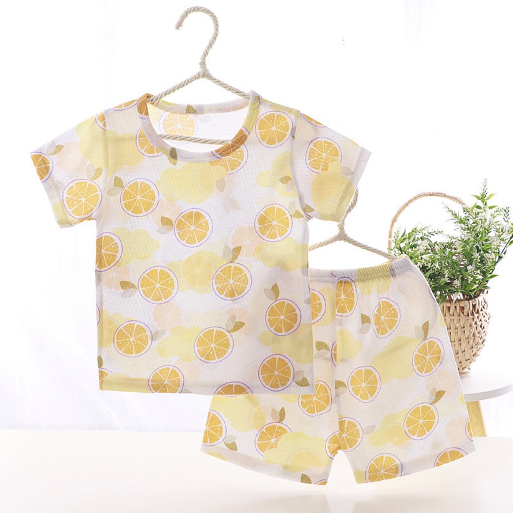 Bộ quần áo bé trai tay cộc chất liệu cotton sợi tre siêu mát in hình trái chanh LEMON phong cách Hàn Quốc