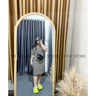 Đầm polo sọc ngang form oversize chất vải len thun co giãn