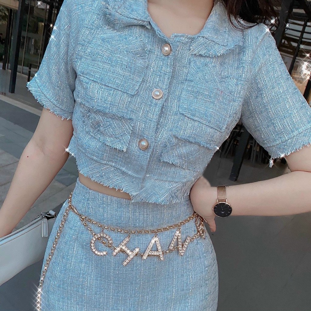 [DA01] Set Croptop Tay Ngắn Cổ Sơ Mi Nút Ngọc Kèm Chân Váy, (Không Bao Gồm Xích Belt) - Vải Dạ - 3 Màu Xanh, Hồng, Nude