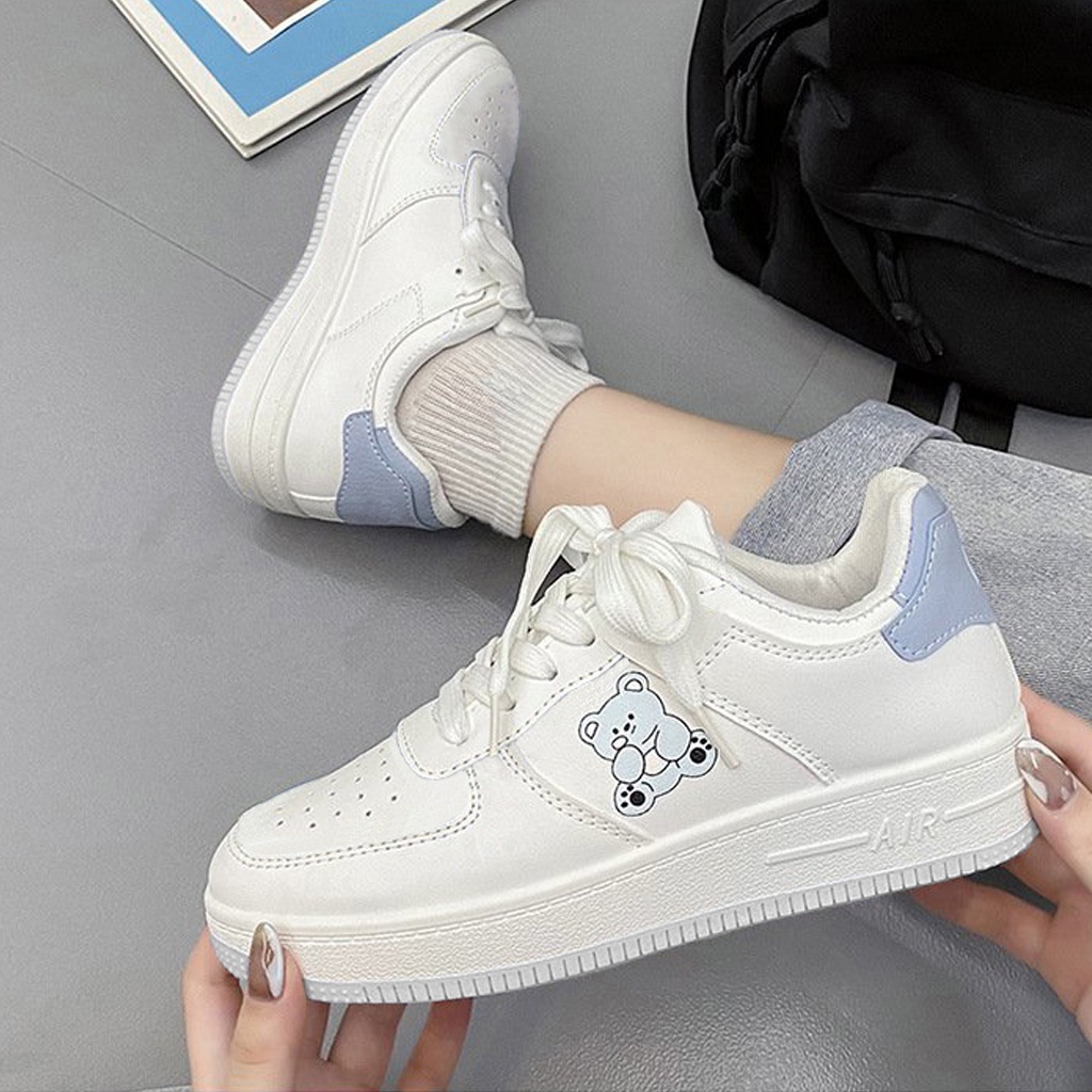 Giày sneaker nữ trắng dáng thể thao chất liệu da dễ làm sạch đế cao su đúc siêu êm cao 3cm