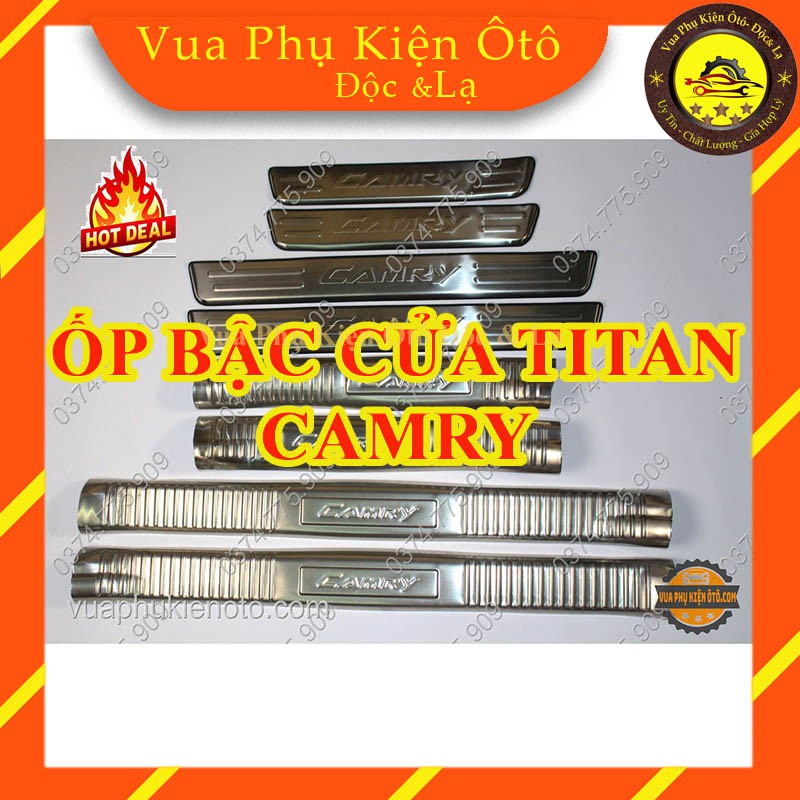 (TẶNG THÊM 2 cuộn băng keo 3M) Ốp bậc cửa Camry -Bộ 8 miếng inox trong ngoài