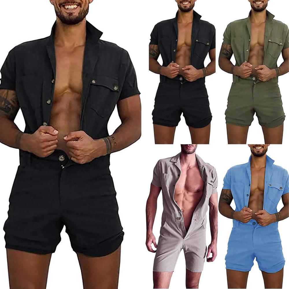 Mens One Piece Combat Shorts Workout Playsuit Lapel Buttons Pocket Cargo Summer Mens Casual Short Sleeve Rompers