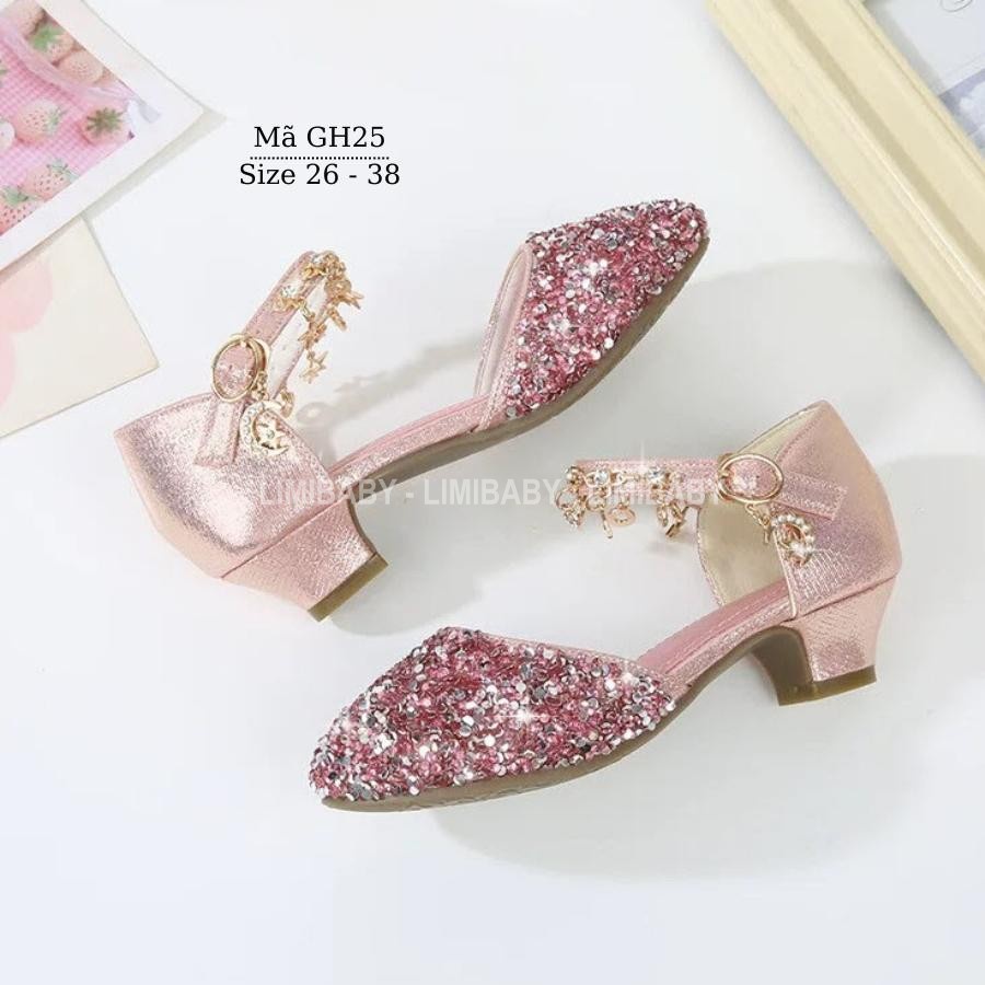 Giày cao gót cho bé gái 3 - 12 tuổi màu hồng búp bê đính kim sa công chúa lấp lánh thời trang đi tiệc nhảy khiêu vũ GH25